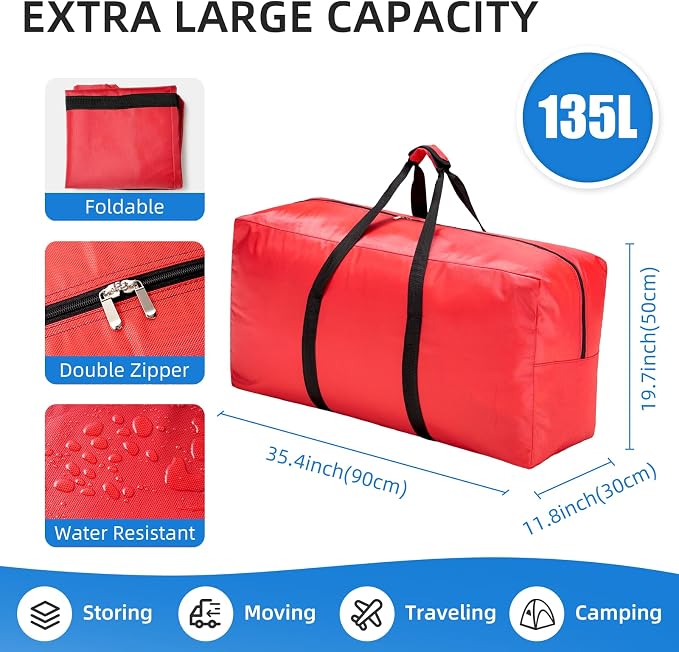 Extra Large travel duffel bag with Strong Handles, 135L Waterproof duffel bag, Durable Zippers, Extra Large Storage Totes for Space Saving and Moving Supplies, Red - Image 2