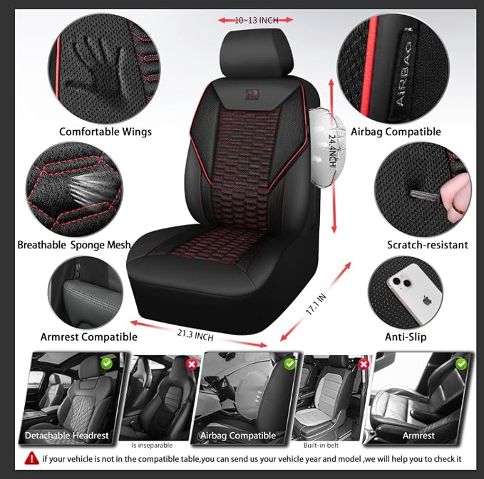 CAR PASS 3D Foam Mesh Leather Car Seat Covers Full Set,Breathable Mesh Faux Leather Seat Covers for Car,Universal Fit for SUV Truck Sedan Automotive, Armrest Airbag Compatible,Black and Red - Image 3