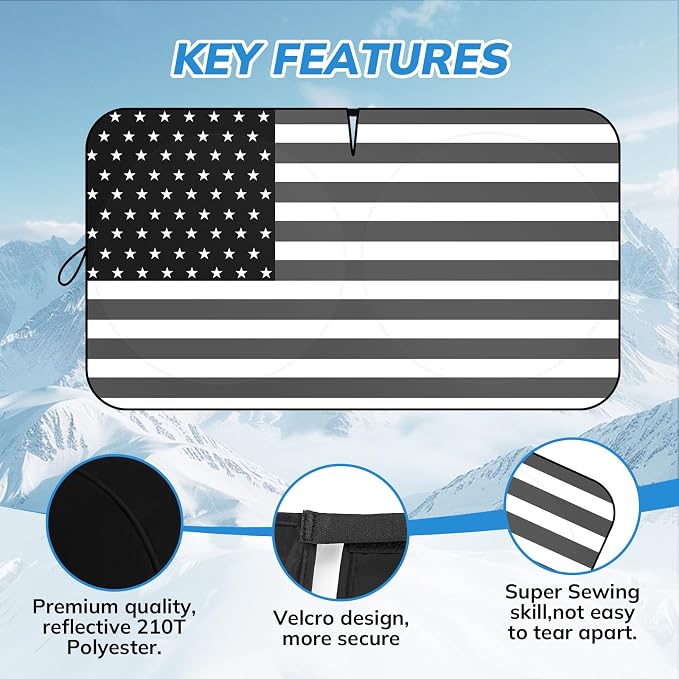Windshield Sun Shade B&W American Flag USA Patriotic Design - Folding Car Front Window Sunshade for Cars SUV Trucks, Max UV Blocking and Keep The Vehicle Cool XL - Image 6