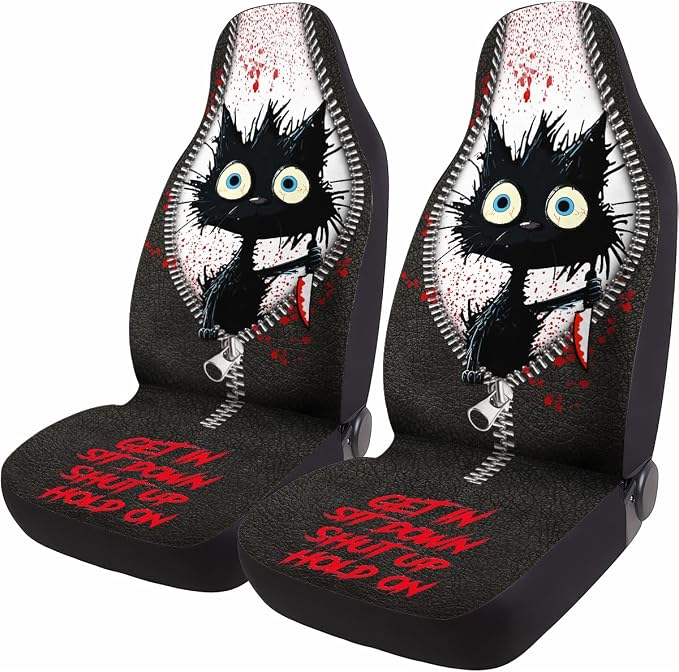 GENANY Horror Black Cat Car Seat Covers, 2-Piece Front Seat Set | 2-piece polyester front seat cover set, each 49.5 x 19.6 inches, with adjustable straps and hooks - Image 2
