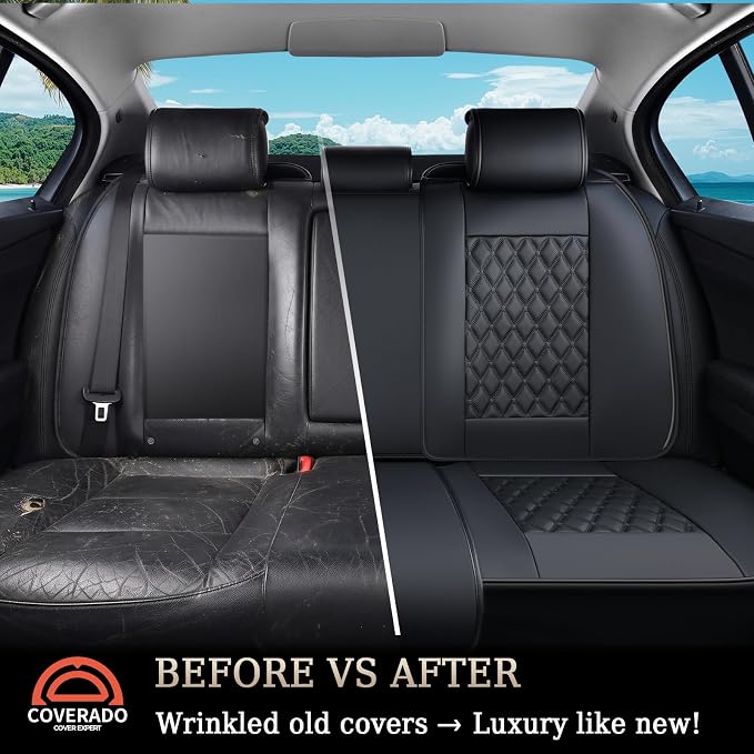 Coverado Rear Seat Covers, Durable Waterproof Faux Leather Rear Protectors for Sedan SUV Truck, Classic Easy-Clean Automotive Interior – Black - Image 3