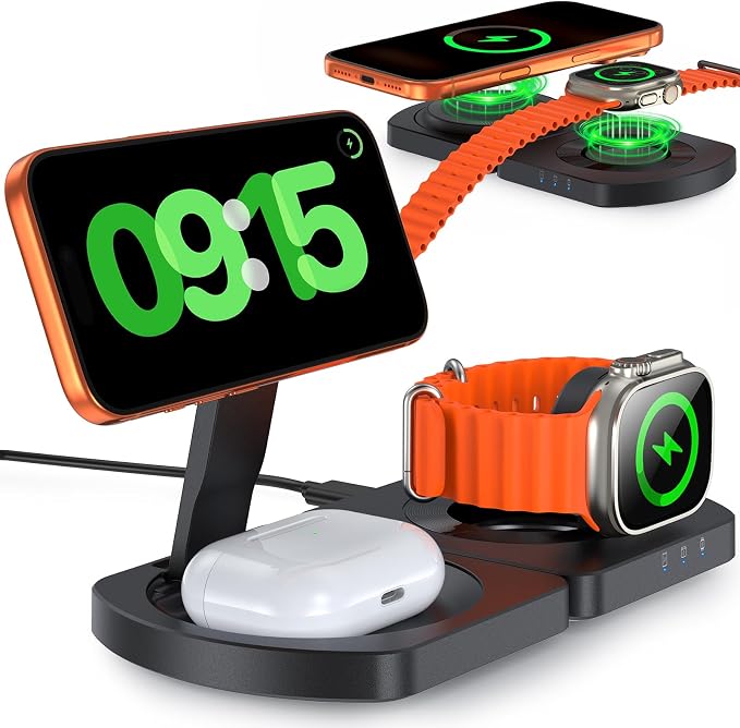 Wireless Charger for iPhone, 3-in-1 Magnetic Charging Station, Foldable | Compatible with iPhone 17 Air 16 15 14 13 12 Series, AirPods Pro, Apple Watch Ultra, Compact & Portable, No Adapter, Black by WelcometoEGV
