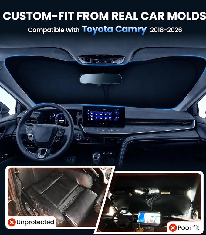 Zanch Custom Windshield Sun Shade for Toyota Camry 2018-2026, 100% Light Blocking, 7-Layer Heat & UV Shield, 3D Scanned Custom Fit, Keeps Cabin Cooler, Foldable Car Accessories - Image 4