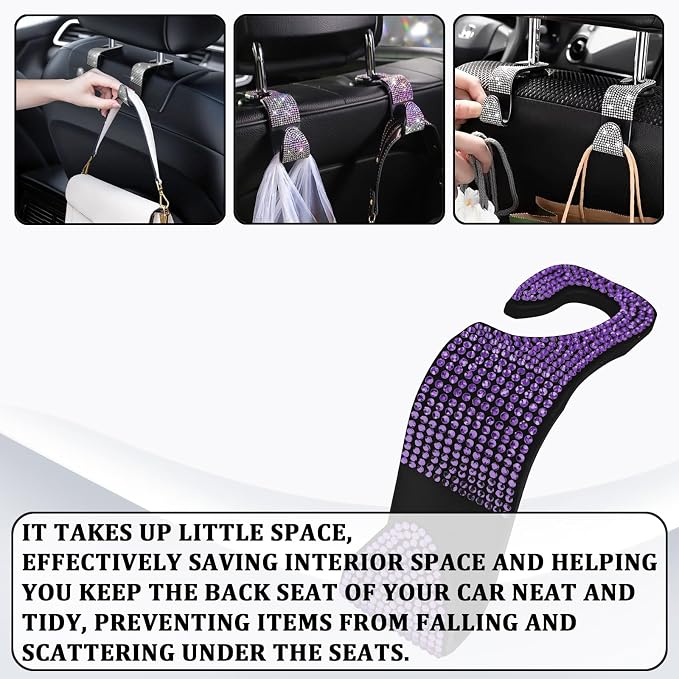 Bling Car Seat Headrest Hooks Purple Car Accessories for Women Crystal Rhinestone Auto Seat Back Hanger Storage Organizer for Purse Handbag Coat, Universal Purse Hook for SUV Truck（4PCS Purple） - Image 5