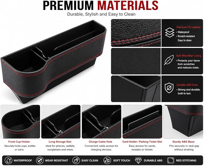 2 Pack Car Seat Gap Organizer with Cup Holder, PU Leather Storage Box, Phone Holder and Side Pocket Organizer, Universal Fit for Most Vehicles - Image 6