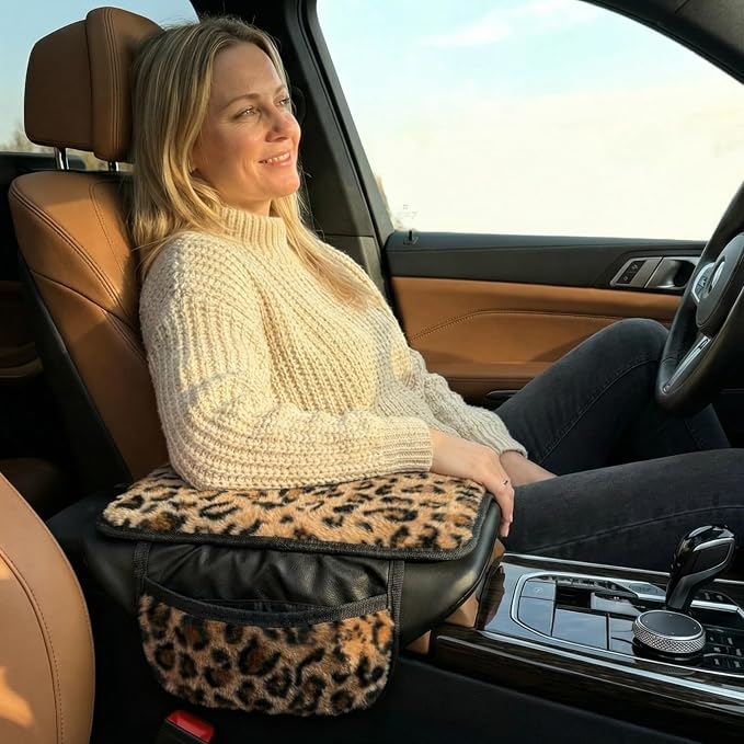 Plush Fuzzy Car Center Console Cover with Side Pockets, Leopard Print | Fluffy Armrest Cushion Pad,Soft Car Interior Accessories with Storage for Men & Women. Universal Fit for Vehicles SUV Truck - Image 3
