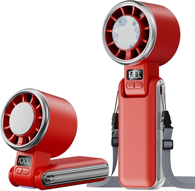 SHEWIND Portable Handheld Fan with Ice Cooling - 5 Gear High Speed Turbo Personal Fan Rechargeable, Up to 11 Hrs, Mini Hand Fans for Travel Essentials, Beach Vacation, Gifts for Women, Men (Red) by SHEWIND
