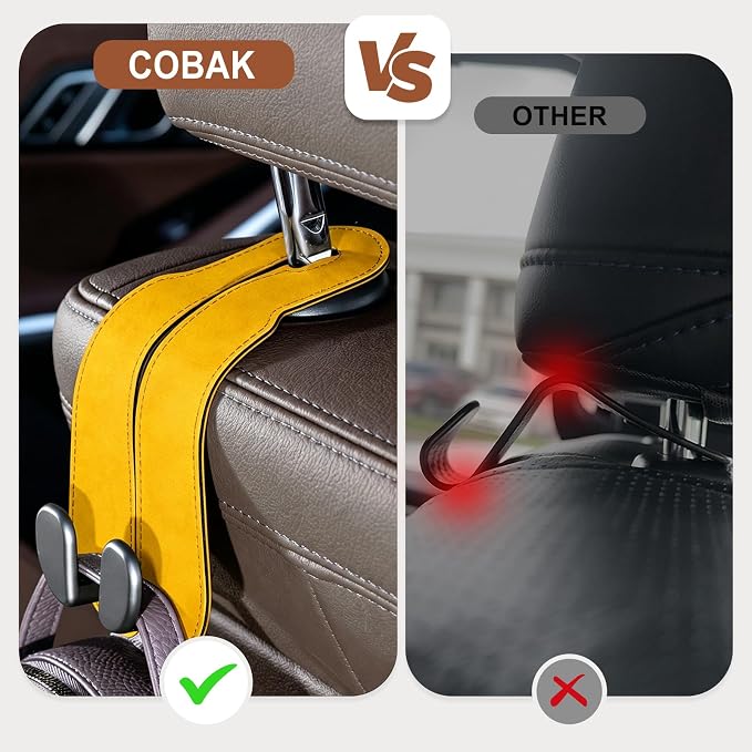 CoBak Purse Hook for Car - Universal Premium Stitched Leather and Aluminum-Magnesium Alloy Double Car Seat Back Storage Hook for Purses, Handbags, Bags (2 Pack),Bright Yellow - Image 2