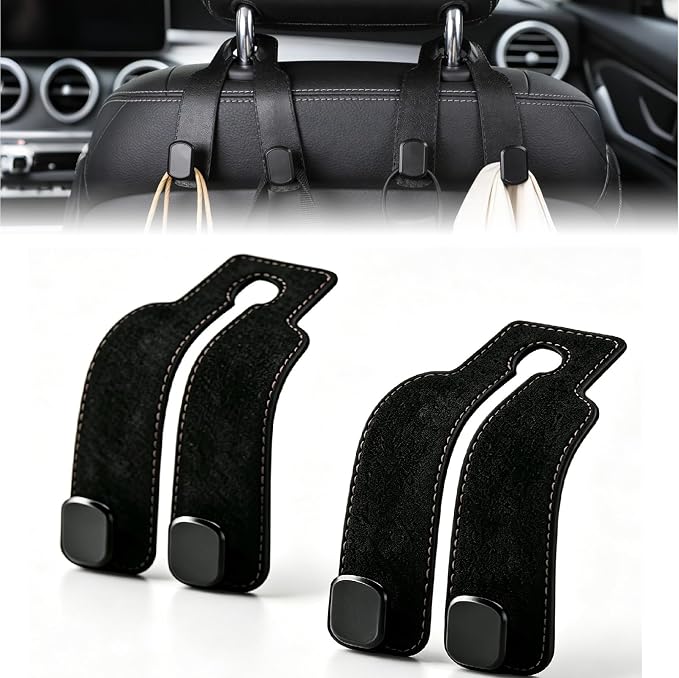 Car Seat Headrest Hooks for Purses and Bags, 4-Pack Heavy Duty Car Seat Hooks with Anti-Slip Pad, Universal Car Backseat Organizer Hanger Accessories for Grocery Bags (Black) by HIGHBU