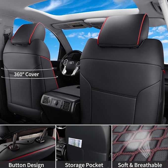 Huidasource Tacoma Seat Covers Front&Rear, Full Coverage Waterproof Car Seat Cover Fit for 2005-2015 Double & Crew Cab 2nd Gen Toyota Tacoma Base Prerunner SR5 Limited TRD Sport(Full Set/Black&Red) - Image 2