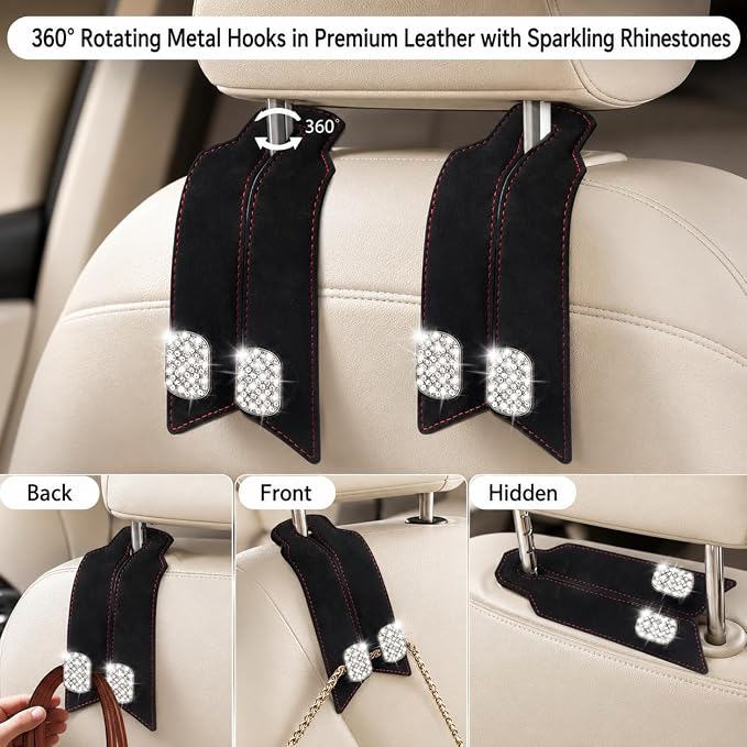 2 Pack Bling Car Headrest Hooks, Purse Hangers, Crystal Black | Sparkling rhinestones, premium leather, and dual metal hooks add style while holding purses, bags, coats, and groceries. - Image 4