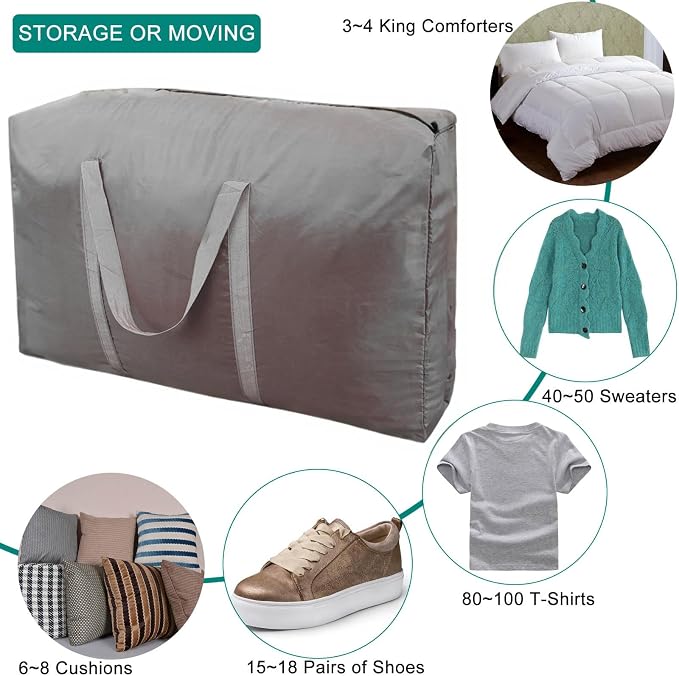100L Extra Large Storage Bags, Big Moving Bags with Strong Zippers & Carrying Handles, Packing Bags for Moving, Storage, Travel and Camping, Storage Totes For Space Saving (Grey, 4 Pack) - Image 6