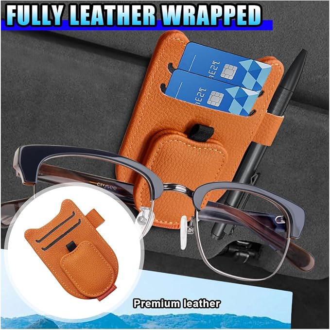 2PCS Magnetic Sunglass Holder for Car Sun Visor (Orange) | Leather Vehicle Glasses Eyeglass Mount & Ticket Card Clip, Auto Interior Visor Accessories, Universal for Car SUV Truck - Image 3