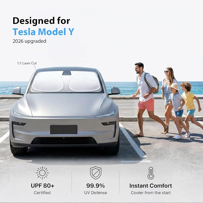 2026 Upgraded Windshield Sun Shade for Tesla Model Y [Precision Custom Fit, Superior UV & Heat Block] Cooling Tech Fabric, Durable Foldable with Storage Bag, Fits 2020-2026 - Image 2