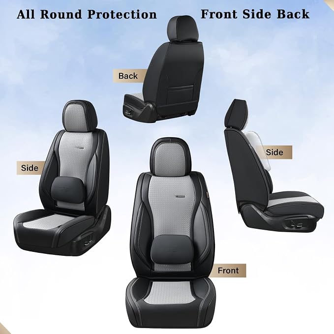 Coverado Seat Covers, Car Seat Covers Front Seats, Waterproof Nappa Leather Auto Seat Cover with Lumbar Head Pillow, Black Gray Seat Covers Carseat Cover Universal Fit for Most Cars - Image 4