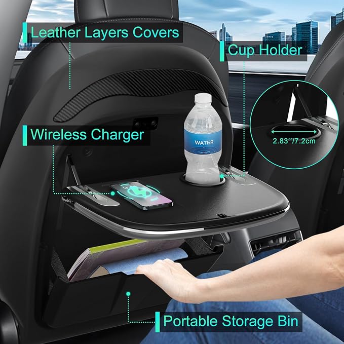 Back Seat Tray Table for Tesla Model 3/Y/S/X, Laptop Food Tray for Tesla | PVC Leather Cover, Adjustable Tray Angles, Backseat Table with Cup Holder & Storage Bin for Laptop, Food Eating and Books - Image 4