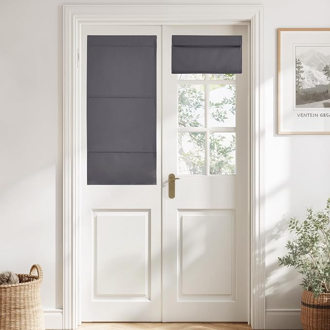 NICETOWN Grey Magnetic Blackout No Drill French Door Curtain for Window | Thermal Insulated Short Curtain Blinds, Tie Up Roman Shade, Front Sidelight Curtains for Window Glass 24" W x 48" L, 1 Panel by NICETOWN