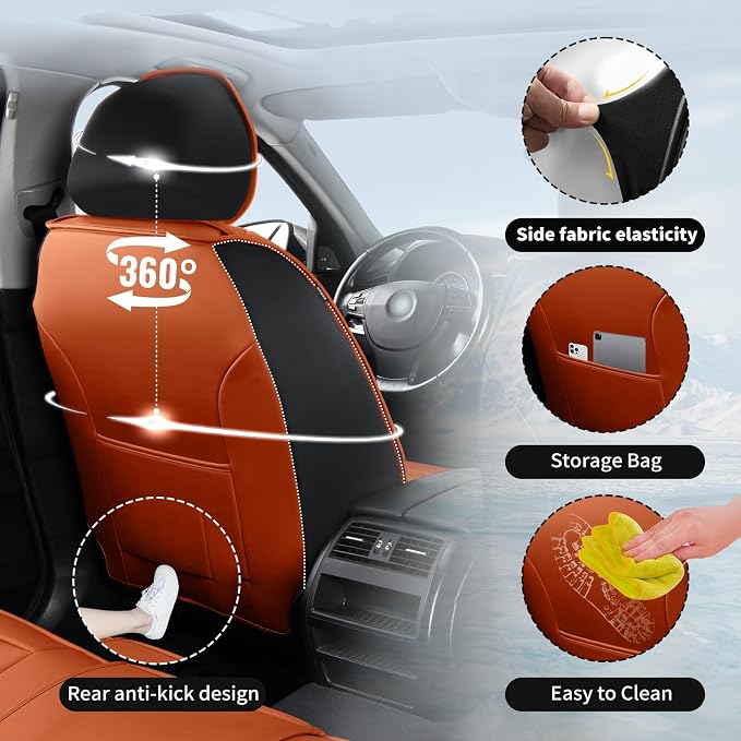 Fit CHR Premium Leather Car Seat Covers for Toyota CHR 2018-2021 2022 - Waterproof，Breathable，All-Weather Seat Cushion Protecto & Airbag Compatible, Full Set Orange&Black - Image 4