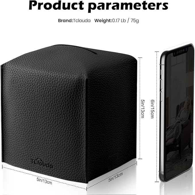 Tissue Box Cover, Tclouda, Modern PU Leather Square Tissue Box Holder for Creative Decorative, Ideal for Bathrooms/Office/Car/Nightstand/Outdoor Tent/Dining Table, 5"X5"X5", Single Black - Image 2