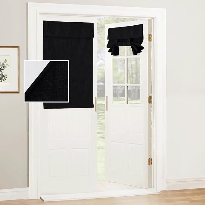 RYB Home 100% Blackout Door Curtains for Classroom, Linen Textured Privacy Easy Blinds Shades for Nana Entrance Way Glass/French Door, W 26 x L 40 inches, Textured Black, 1 Panel by RYBHOME