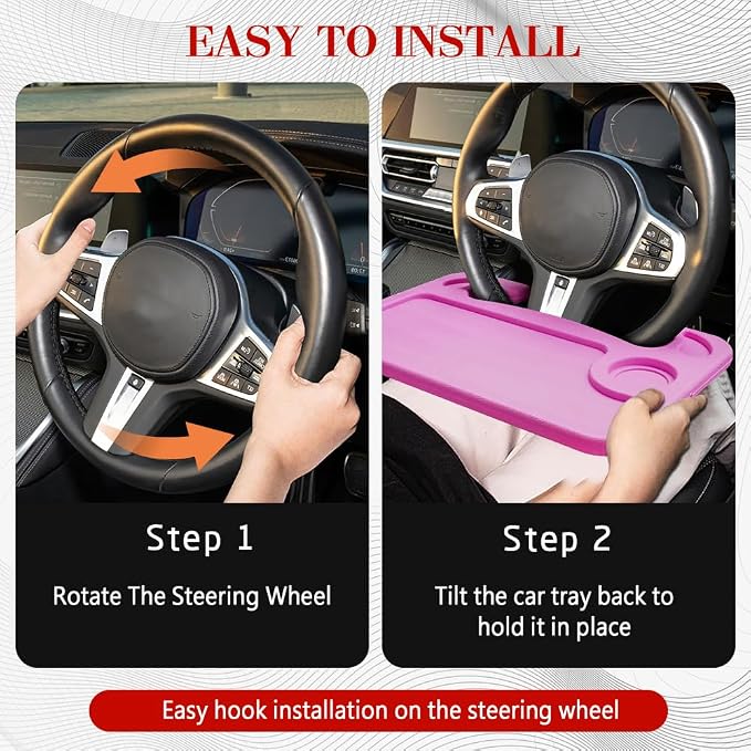 2 in 1 Car Steering Wheel Desk, Car Tray, Car Steering Wheel Desk Tray & Auto Seat Gap Filler Organizer, Multipurpose Travel Auto Steering Wheel Under Table Console for Most Vehicles (Pink) - Image 5
