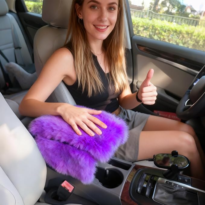 Fluffy Car Armrest Cover with Side Pockets – Plush Fuzzy Fur Center Console Armrest Cushion Pad, Universal Winter Car Interior Protector, Soft Arm Rest Cover with Storage for Women & Men (PURPLE) - Image 7