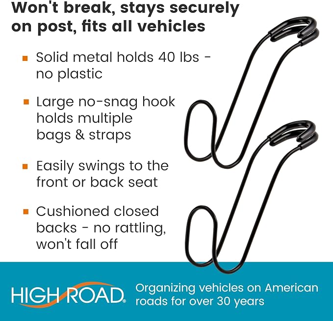 Metal Car Hooks for Purses and Bags - Large Hooks Won't Slip Off or Rattle | Set of 2 High Road Car Headrest Hooks Fit All Sized Metal Posts - Holds Multiple Bags, Wide Straps and Hard Hats - Image 2