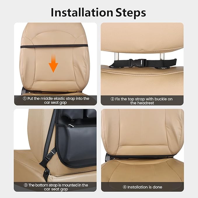Viaviat Car Seat Organizers Waterproof Backseat Protector with Storage Pocket Large Leather Kick Mats for Kids Pets Automobile SUV Truck (Beige, Large Pocket) - Image 6