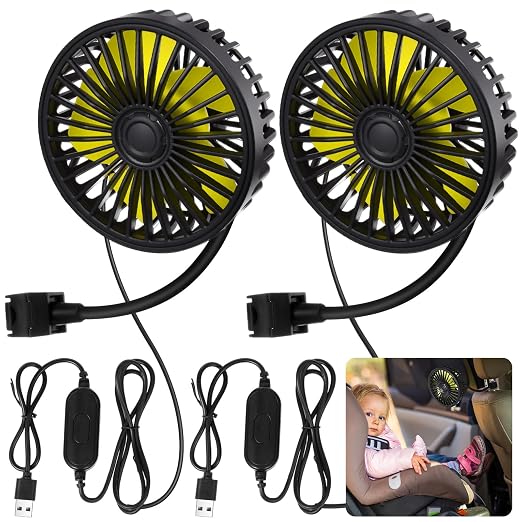Glooglitter 2 Pcs Car Fan USB for Rear Seat Passenger Portable Headrest 360 Degree Rotatable 3 Speed 12v/ 24v Automobile Ventilation Fan with Clip for SUV Backseat, RV, Vehicles(Practical,Black) by Glooglitter