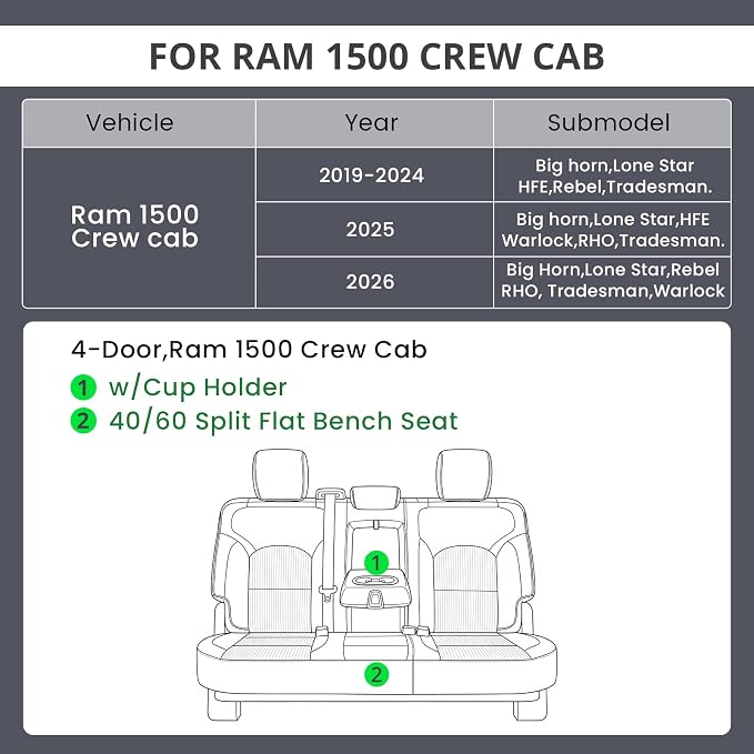 EKR Ram 1500 Seat Covers Custom Fit for (Crew Cab) RAM 1500 Big Horn/Rebel/Tradesman/Lone Star 2019 2020 2021 2022 2023 2024 2025 2026,Car Seat Cover for Trucks Full Set-Faux Leather(Black) - Image 2