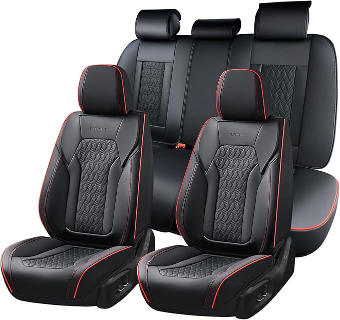 Seat Covers, Car Seat Covers Full Set, Luxury Nappa Leather Seat Covers, Breathable and Waterproof Car Seat Protector 5 Seat, Automotive Seat Covers Universal Fit for Most Cars-BlackRedline by FLORICH