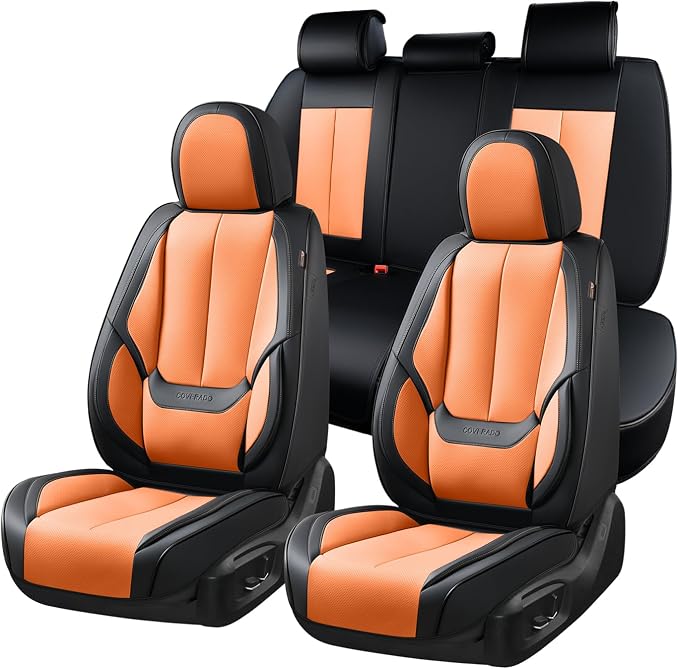 Coverado Seat Covers, Car Seat Covers Full Set, Leather Seat Covers for Cars, Car Seat Protector, Black Car Seat Covers Front Seats and Back Seats Universal Fit for Most Cars Orange by COVERADOAUTO