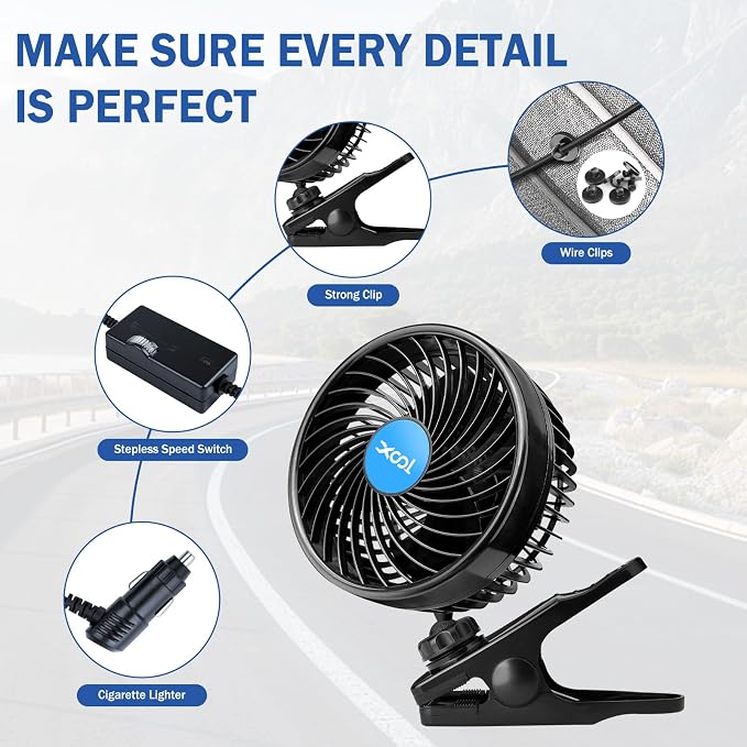 XOOL 12V 6'' Car Fan, Clip Fan 360 Degree Rotatable Car Fan Cooling Air Fan with Stepless Speed Regulation & Cigarette Lighter Plug for SUV, RV, Vehicles - Image 7