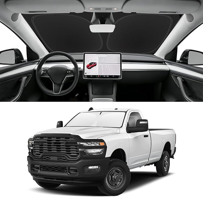 Custom Fit Windshield Sun Shade for RAM 2500 3500 2010-2026 | Blocks UV Rays and Sun Heat, Helps Reduce Interior Temperature, Protects Dashboard from Fading, Folds Easily for Storage by SLOGENTO