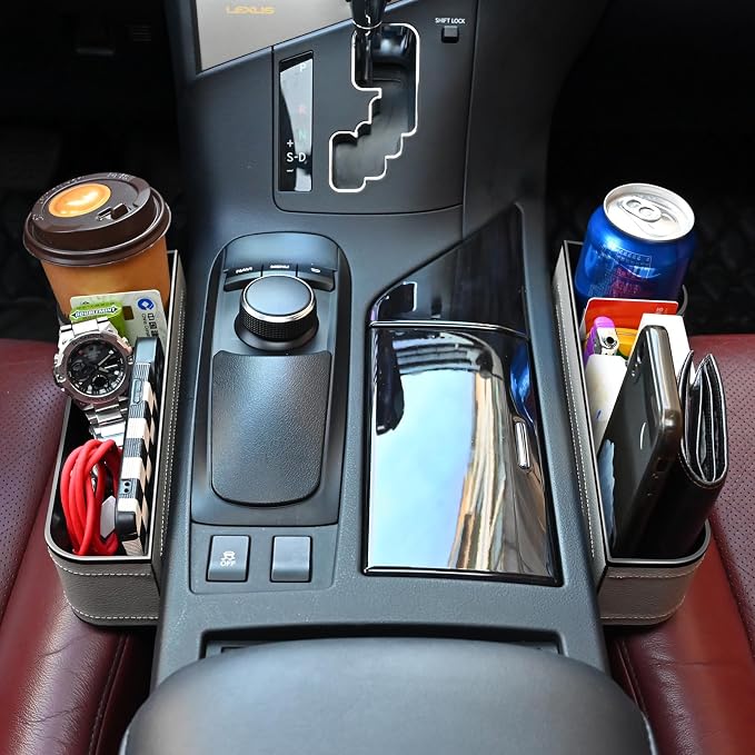 Car Seat Gap Filler Organizer, 2 Pack Multifunctional Car Seat Organizer, Auto Console Side Storage Box with Cup Holders 2 Seat Hooks for Drink, Car Organizer Front Seat for Holding Phone, Sunglasses - Image 5