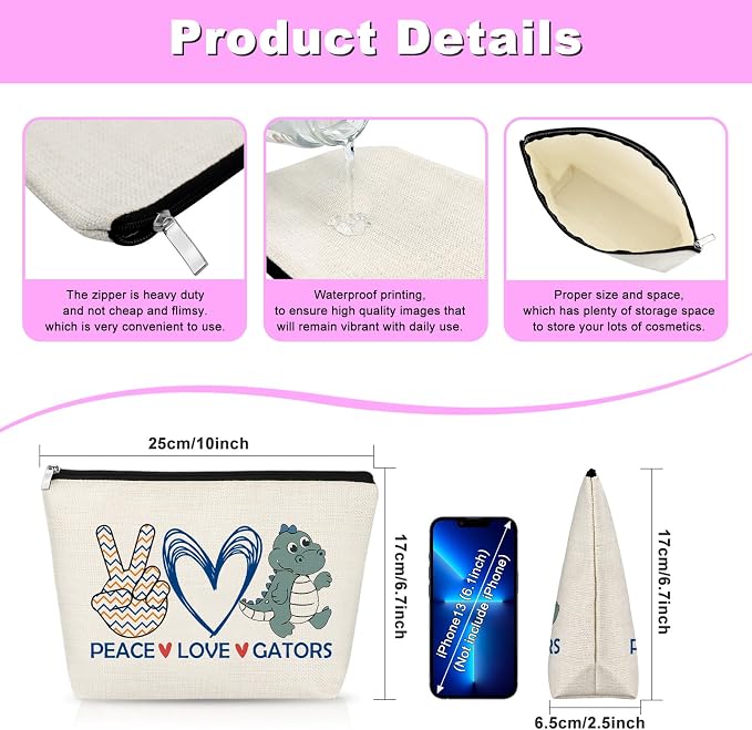 Alligator Gift Makeup Bag Alligator Themed Gifts Gators Lover Gift for Daughter Sister Friend Cosmetic Bag Animal Lover Gifts Christmas Birthday Graduation Present for Her Female Tarvel Pouch - Image 2