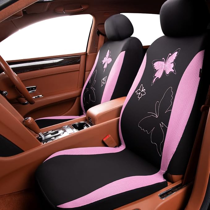 Flying Banner Butterfly car seat Covers ful Set Fashion Universal Lady Woman Female Rear Bench Split Colorized (Pink, 2 Fronts - Lace) - Image 3