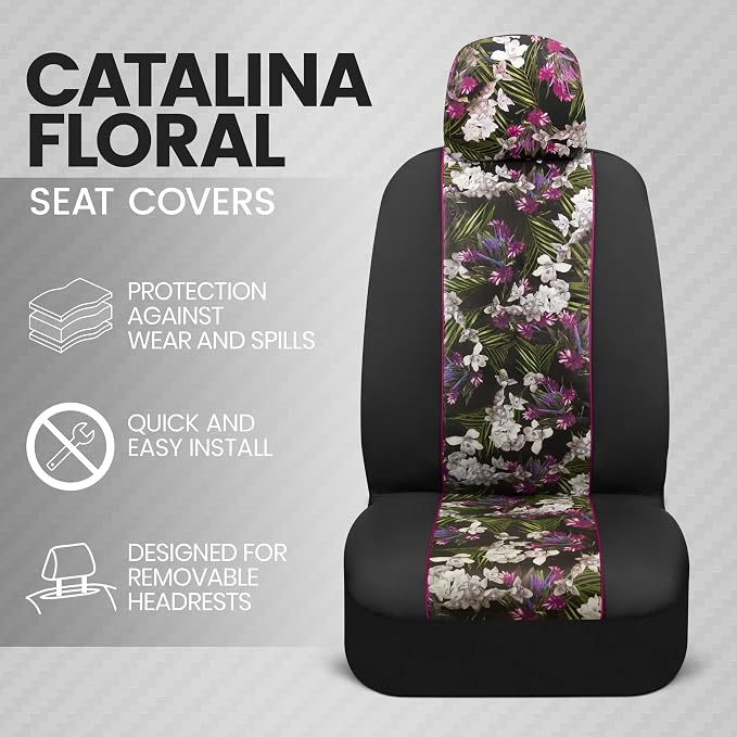 BDK Pink Flower Faux Leather Car Seat Covers for Front Seats, 2 Pack – Floral Pattern with Matching Headrest, Easy Installation, Fits Most Car Truck Van and SUV, Catalina Floral - Image 2
