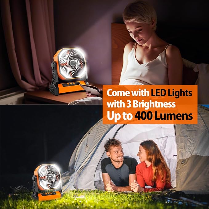 20000mAh Battery Powered Camping Fan, 58Hrs Rechargeable Portable Fan, 400LM Light, 360° Hook, Whisper Quiet Battery Operated Fan for Outdoor Car Travel Gear Essentials Power Outages Co-brand AMACOOL - Image 3