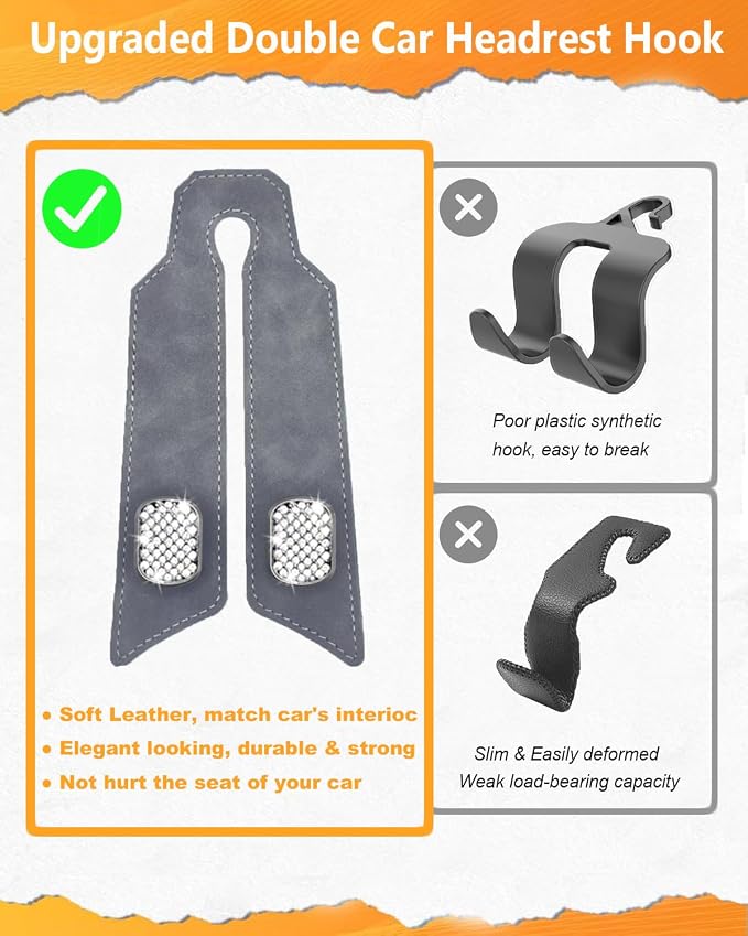 Purse Hook for Car, Car Hooks for Headrest Universal Purse Holder for Car, Bling Car Seat Hooks for Headrest, Car Seat Back Storage Hook (2 Pack, Gray) - Image 5