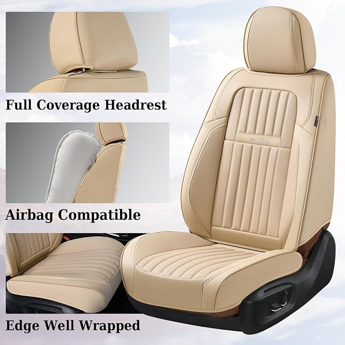 Coverado Front and Back Seat Covers for Cars, Nappa Leather Car Seat Covers, Automotive Seat Covers for Trucks, 5 Seats Waterproof Carseat Protector Car Seat Cover Beige, Universal Fit for Most Cars - Image 4