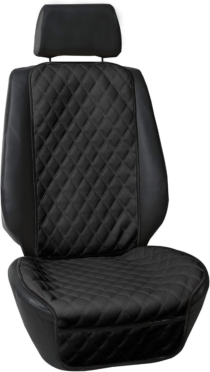 FH Group Car Seat Cushion – Faux Leather Single Front Seat Cover with Front Pockets, Airbag Compatible, Universal Fit Car Seat Cushion for Driver or Passenger Seat, SUV, Truck, Sedan & Van – Black by FHGroup