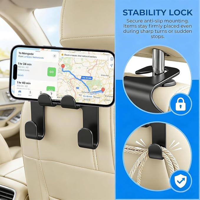 2PCS Car Seat Headrest Hooks, 2-in-1 Vehicle Backseat Hanger Organizer with Phone Holder, Automotive Seat Back Storage Holder Hook for Bag Purse Umbrella Purse, Universal Fit - Image 5