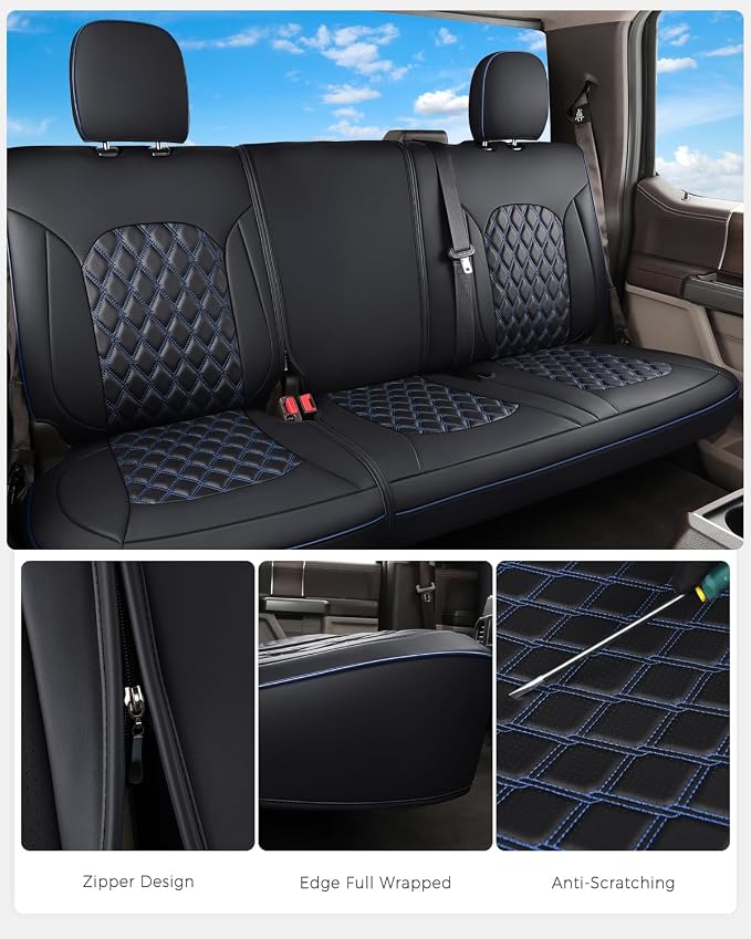 Huidasource Custom Fit Ford F150 Rear Bench Split Leather Seat Covers Fit for 2015-2026 F150 SuperCrew & 2017-2026 F250 F350 F450 Super Duty Crew Cab Pickup King Ranch Platinum(Back Row/Black&Blue) - Image 6