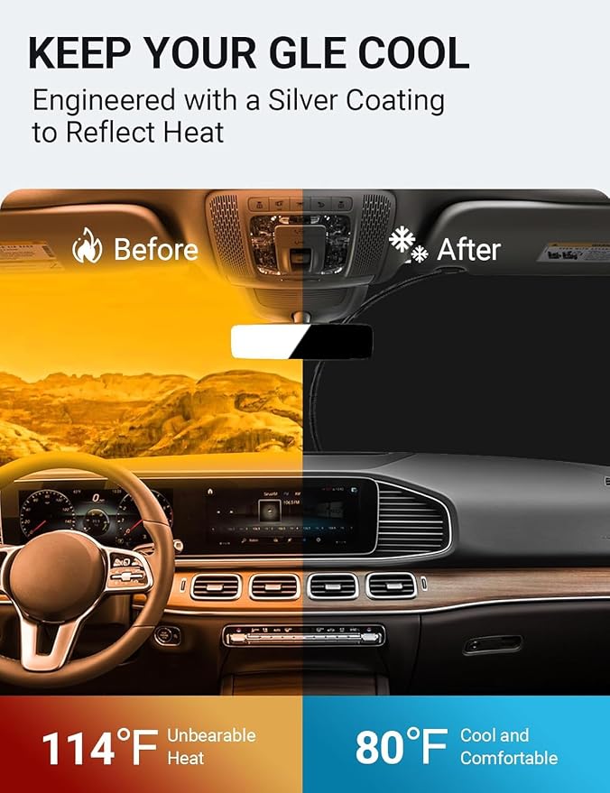 Proadsy Custom Fit Car Windshield Sun Shade for 2020-2025 Mercedes-Benz GLE | 240T Heat Shield, Drops Temp 54°F, Blocks 99% UV, Prevents Dashboard Cracking, Summer Parking & Beach Trips, Easy Twist-Fold - Image 3