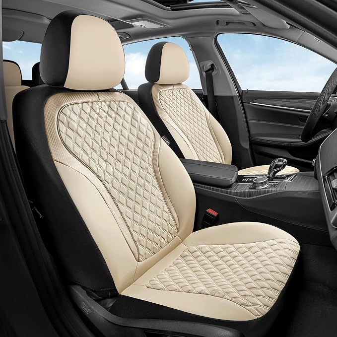 Coverado Front Seat Covers, 2-Pack Luxury Leather Car Seat Cover with Carbon Fiber Weave, Waterproof Car Seat Protectors, Spill-Proof Car Seat Cushion, Beige Seat Covers Universal Fit for Most Cars by COVERADOAUTO