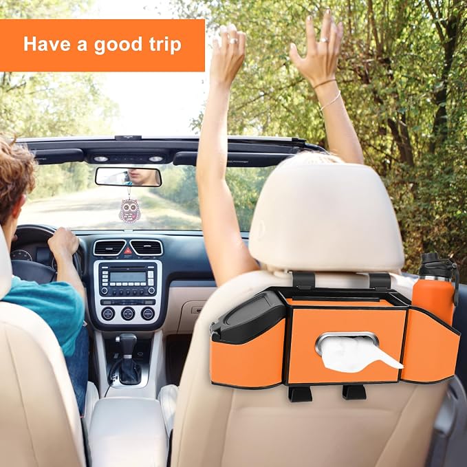 7-In-1 Car Seat Back Organizer with Cup Holders, Tissue Box, Garbage Can&Hooks, Multifunctional Headrest Storage Organizer, Headrest Cup Holder for Backseat, Car Accessories for Trips, Travels(Orange) - Image 9