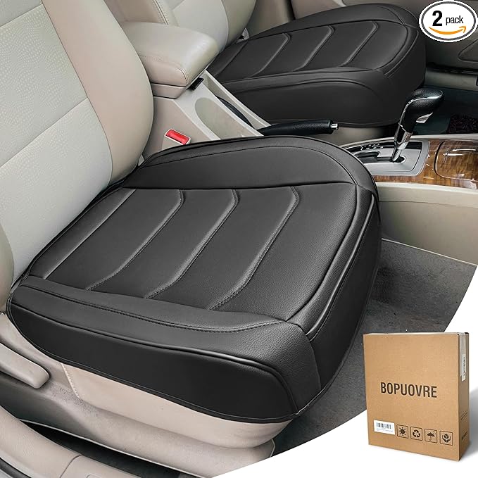 BOPUOVRE Car Seat Cover for Luxury & Comfort PU Leather | Anti Slip Full Wrap Protection Storage Pocket Bottom Cushion Universal Fit 95% Vehicles Black 2 Piece by BOPUOVRE