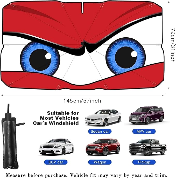 Car Windshield Sun Shade Umbrella, Universal Fit Mid-Large Sedan SUV | 57 x 31" Car Sun Visor, Foldable UV Heat Blocking Front Window Sunshade with Rearview Mirror Cutout, Cute Eyes Series - Image 5