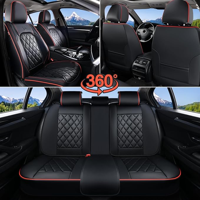Coverado Car Seat Covers Full Set, Luxury Faux Leather Waterproof Seat Covers, Black Car Seat Covers, Universal Car Seat Protector Leather Car Seat Cushion, Carseat Cover Fit Most Cars, Black&Red - Image 8